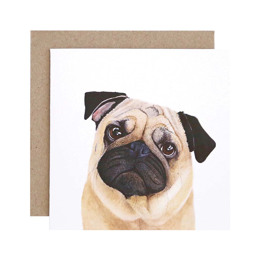 four square white greeting cards with pet dogs fawn pug black french bulldog english bulldog tan dachshund watercolour artwork and recycled kraft envelope