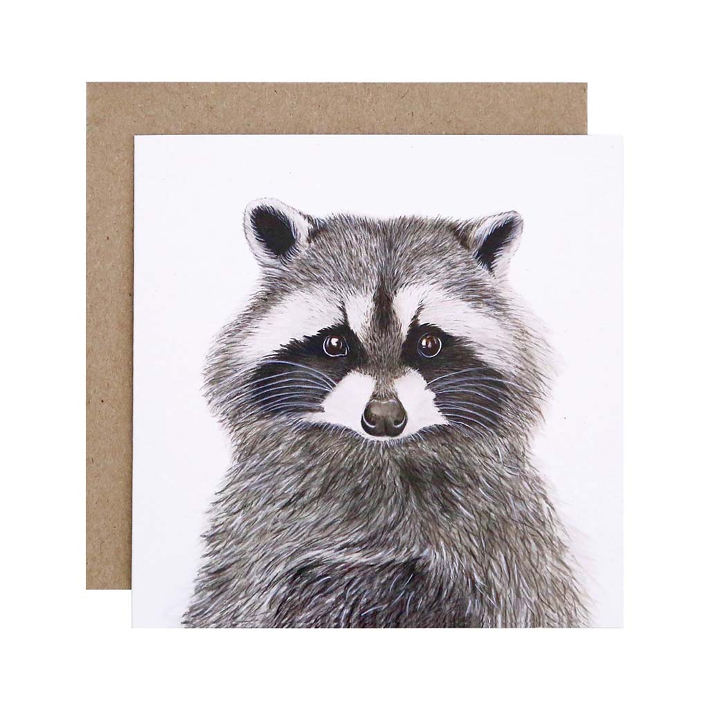 four square white greeting cards with woodland animals racoon hare fox deer watercolour artwork and recycled kraft envelope