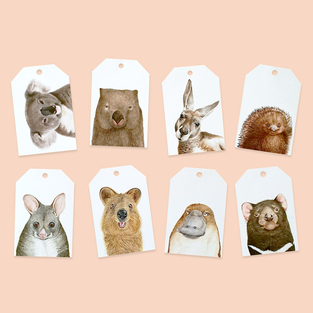 australian animals watercolour art gift tags on pink background