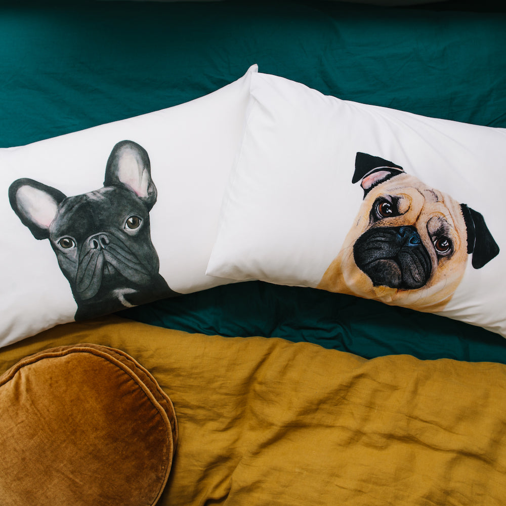 white cotton pillowcase with black french-bulldog watercolour artwork