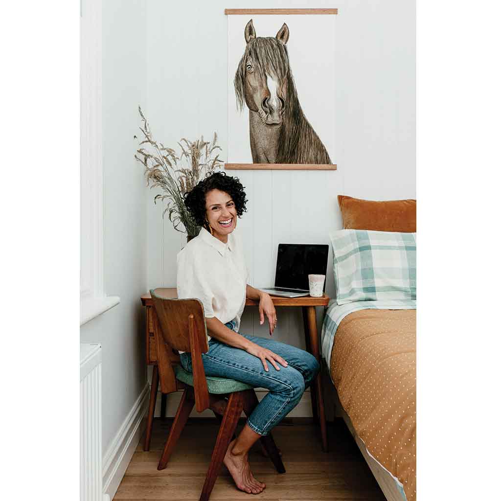 horse art print lady smiling