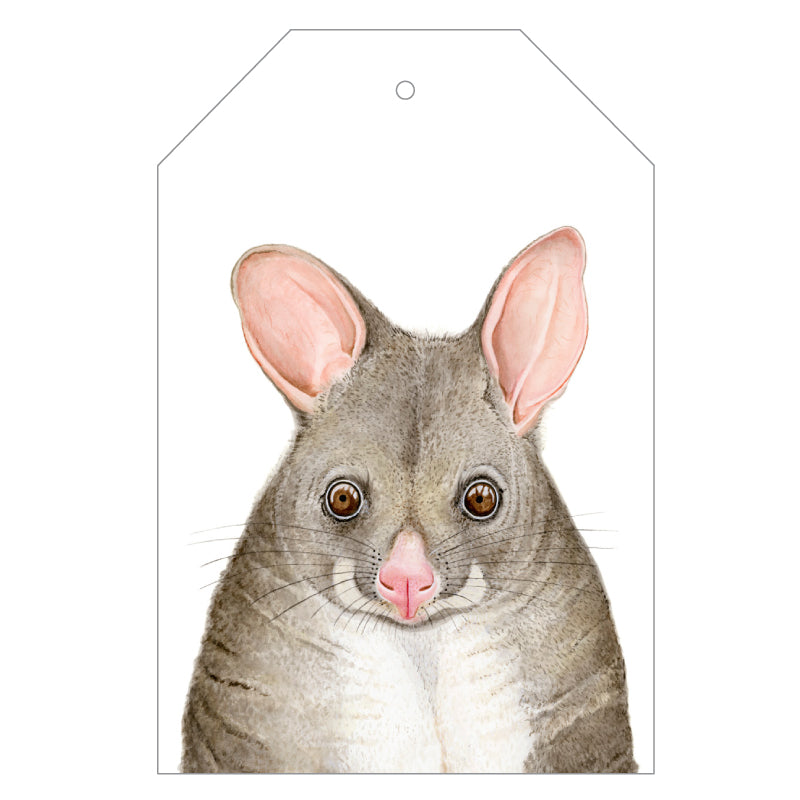 possum australian animal gift tag with twine string on pink background