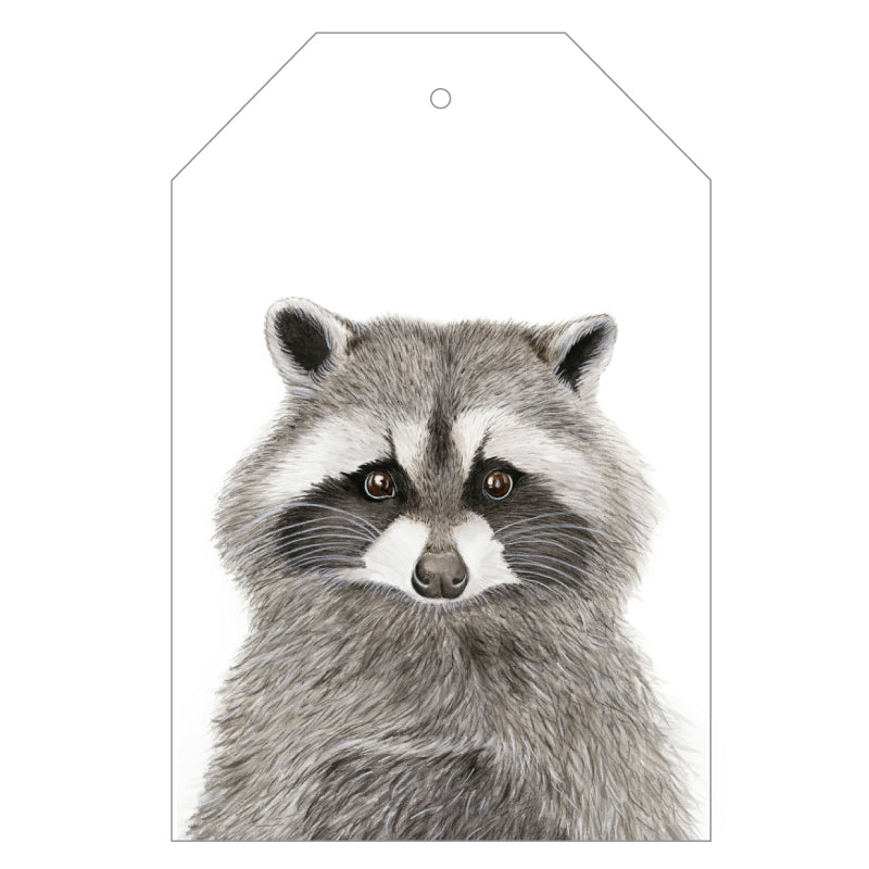 racoon wild animal gift tag with twine string on mustard background