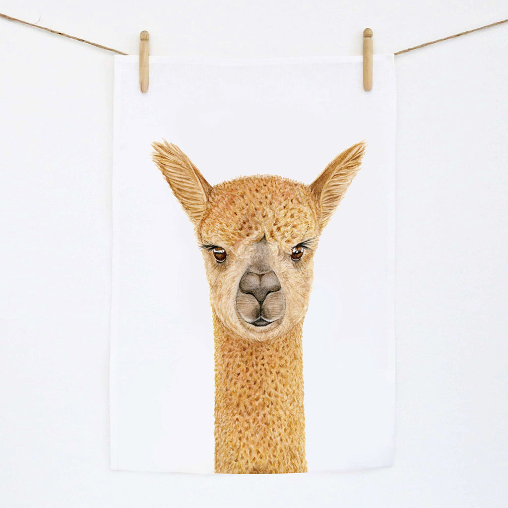 white linen tea towel with alpaca watercolour artwork