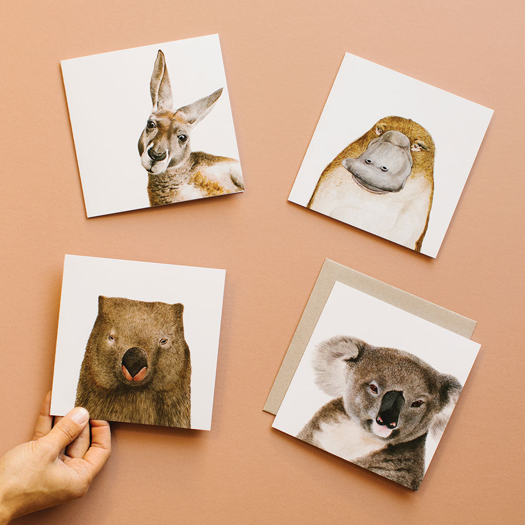 four square white greeting cards with australian animals kangaroo platypus wombat koala watercolour artwork and recycled kraft envelope