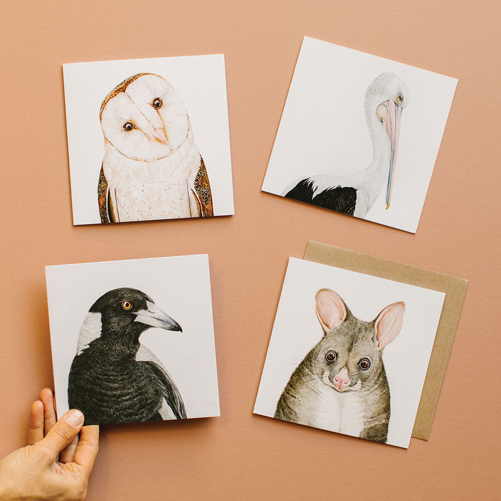 four square white greeting cards with australian animals barn owl pelican magpie possum watercolour artwork and recycled kraft envelope