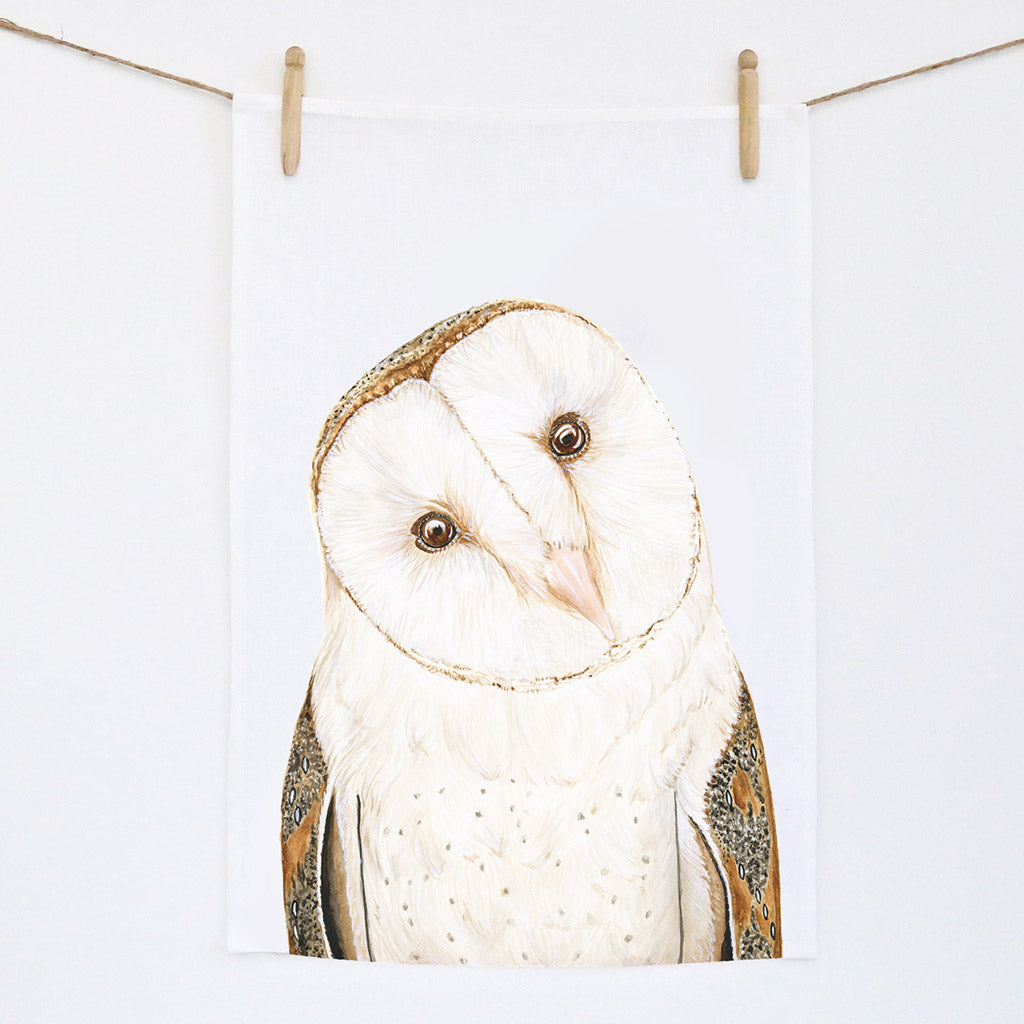 white linen tea towel with barn owl watercolour artwork