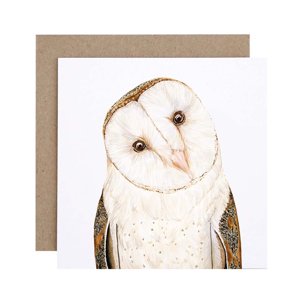 four square white greeting cards with australian animals barn owl pelican magpie possum watercolour artwork and recycled kraft envelope