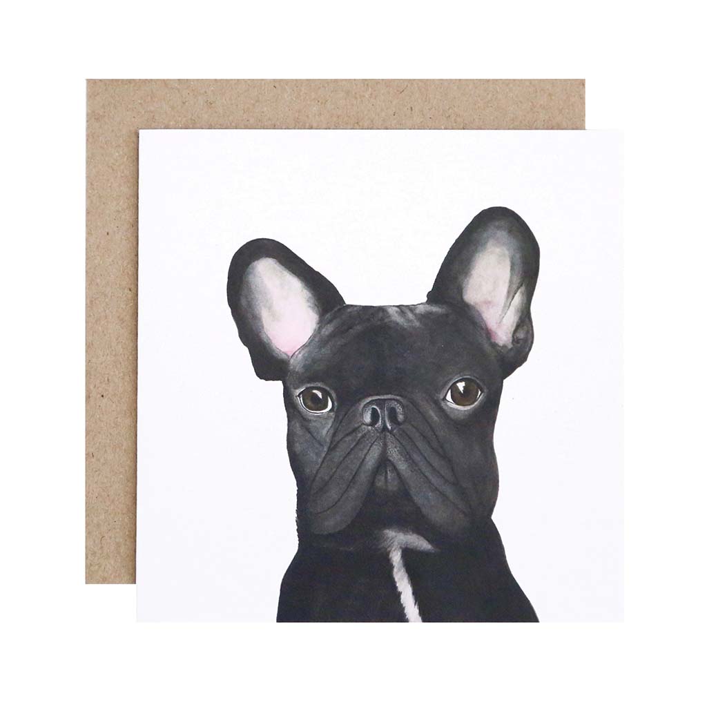 Square white greeting card with black french bulldog watercolour artwork and recycled kraft envelope