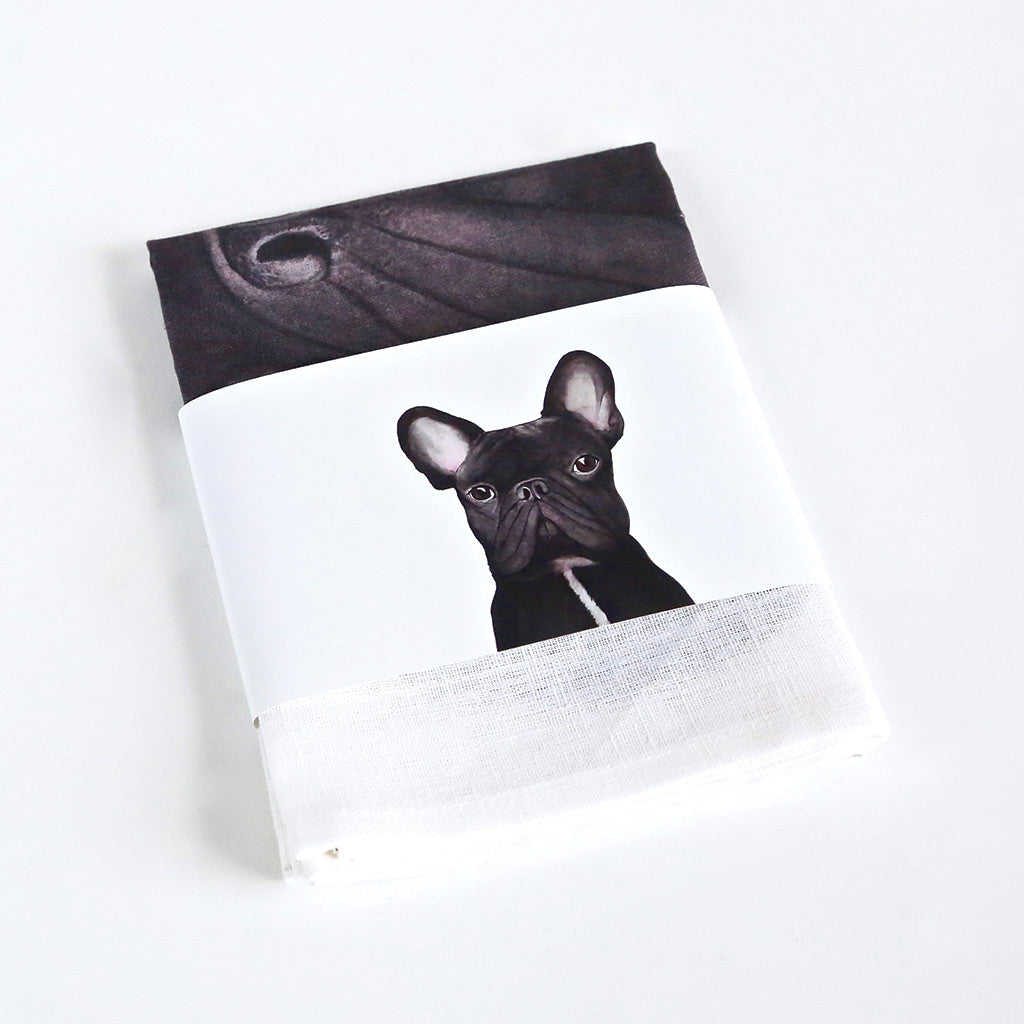 white linen tea towel with black french bulldog watercolour artwork
