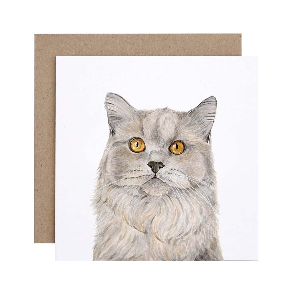 Square white greeting card with grey british shorthair cat watercolour artwork and recycled kraft envelope
