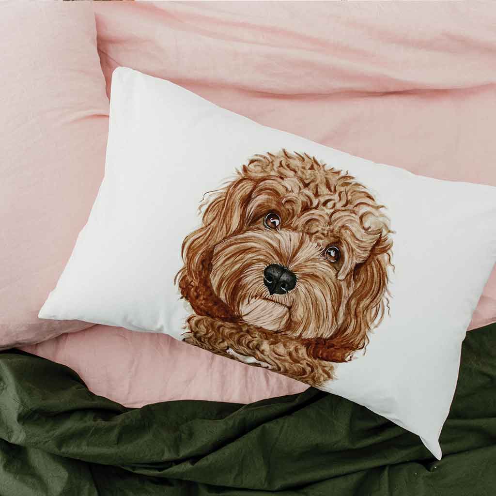 white cotton pillowcase with tan cavoodle dog watercolour artwork
