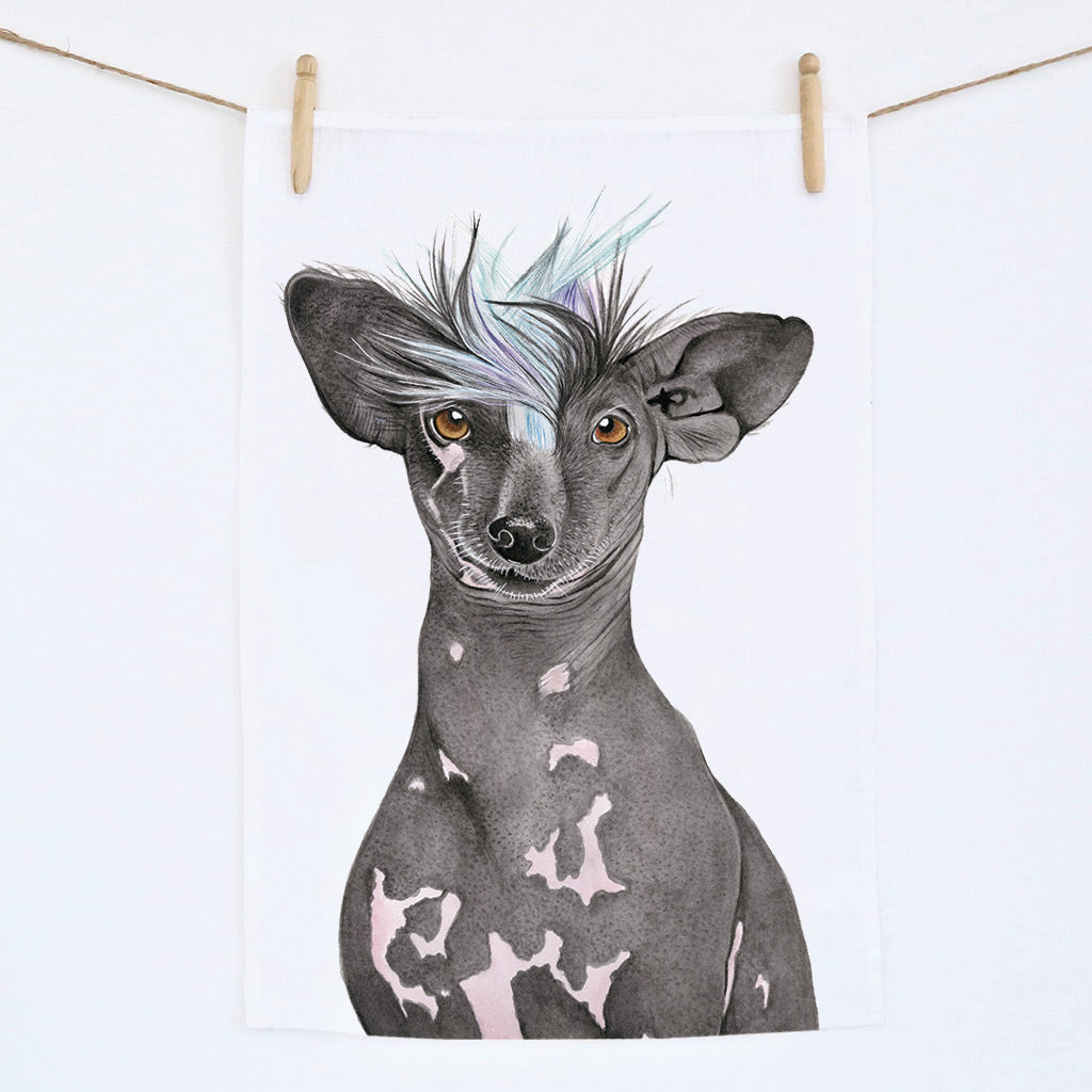 Chinese Crested Dog watercolour artwork linen tea towel