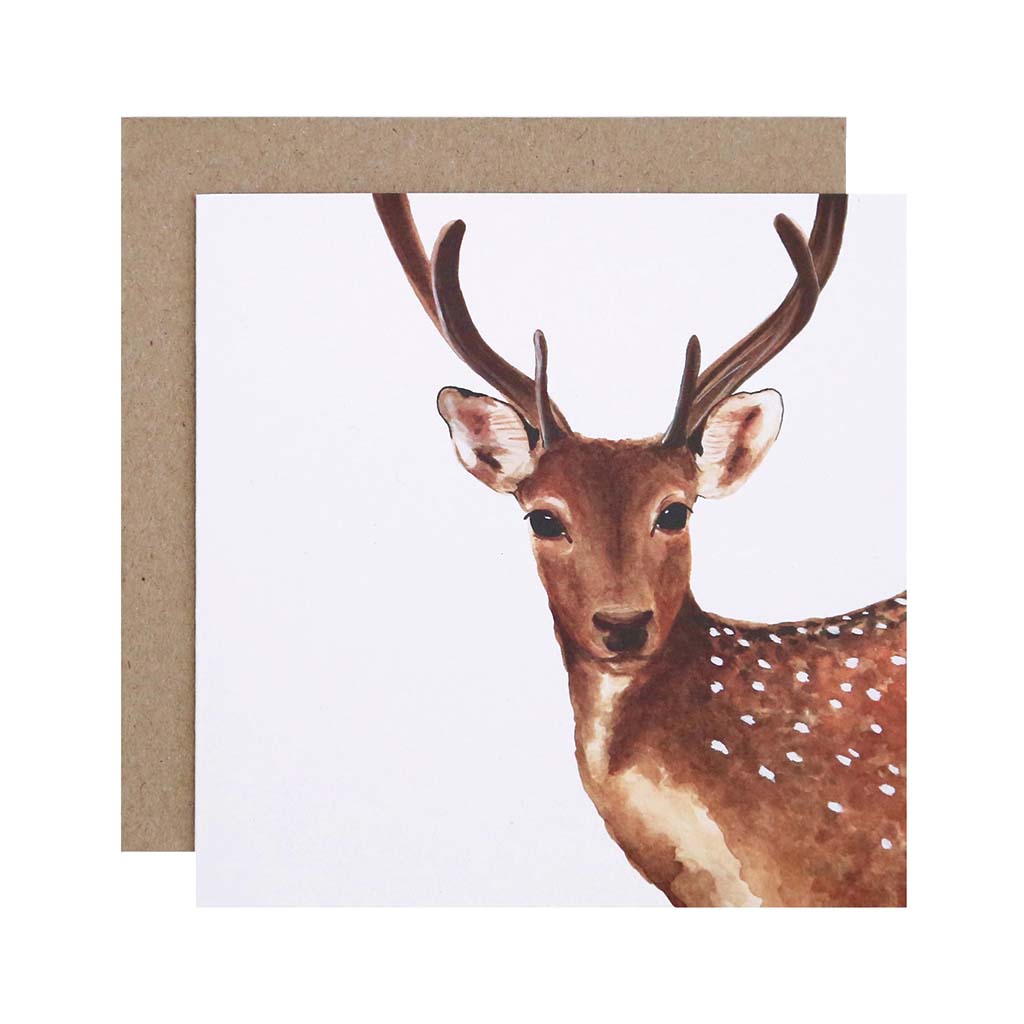 Square white greeting card with deer watercolour artwork and recycled kraft envelope