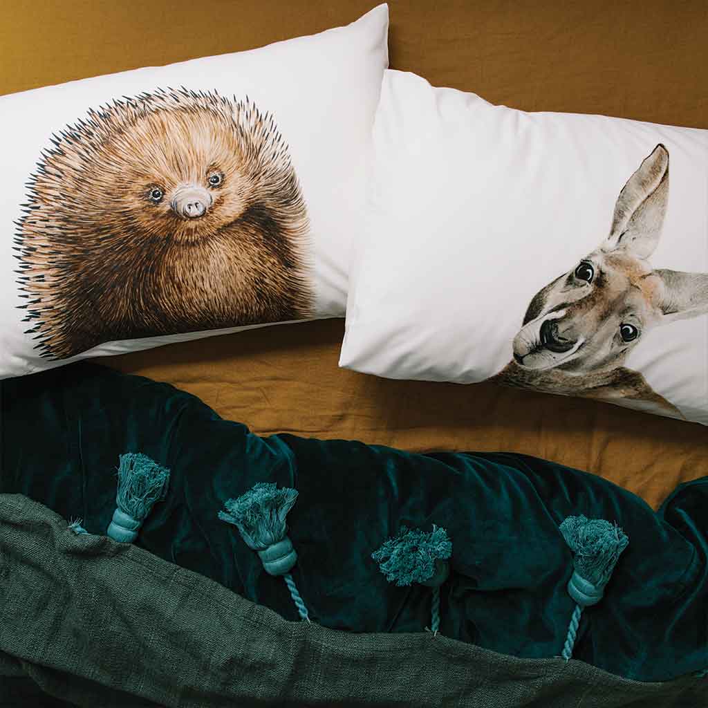 white cotton pillowcase with echidna watercolour artwork