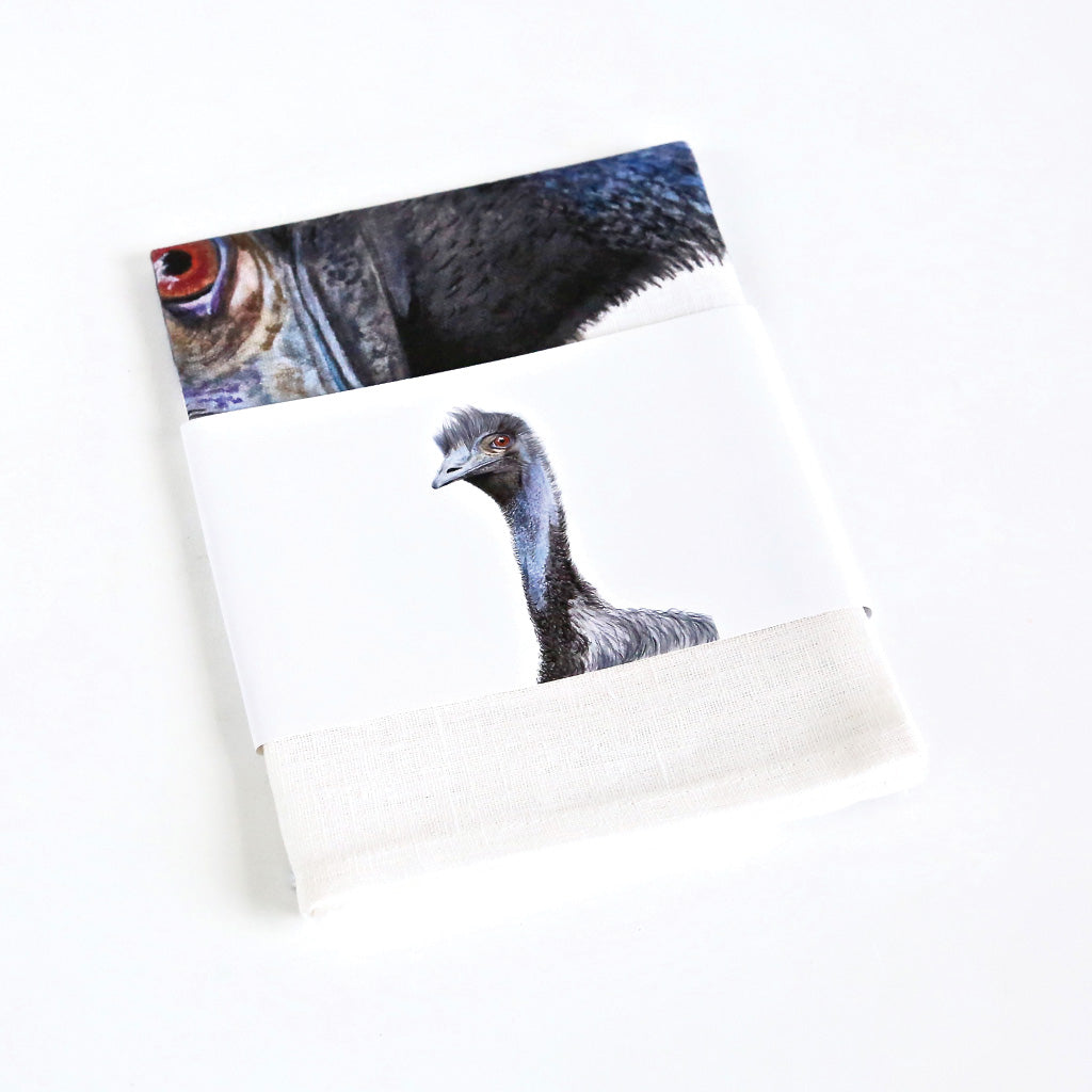 white linen tea towel with emu watercolour artwork