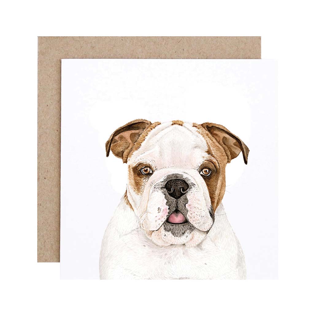 Square white greeting card with  english bulldog watercolour artwork and recycled kraft envelope