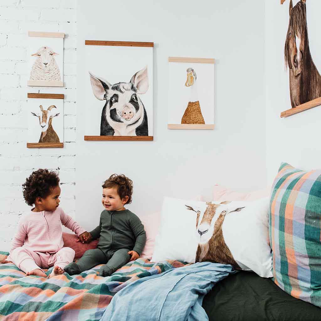 farm animal watercolour art prints hanging in kids room