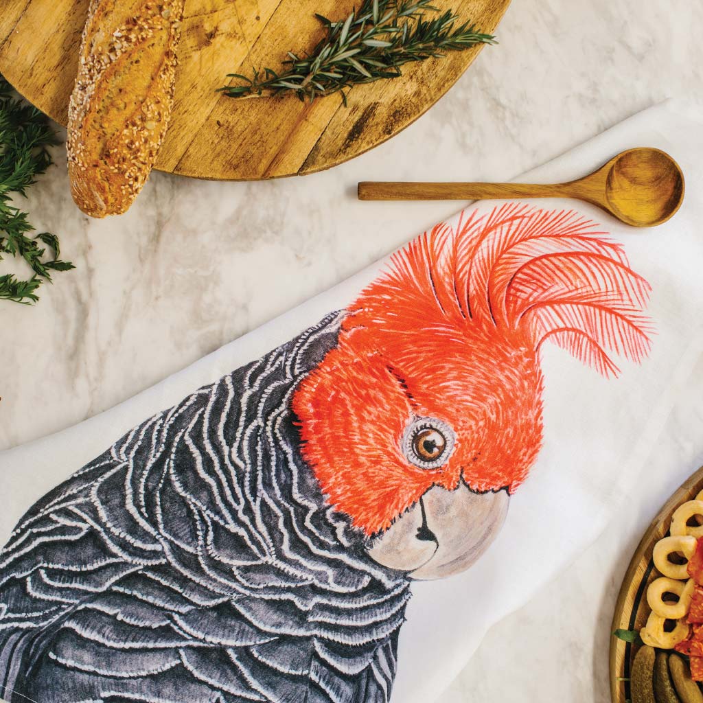 white linen tea towel with gang-gang cockatoo watercolour artwork