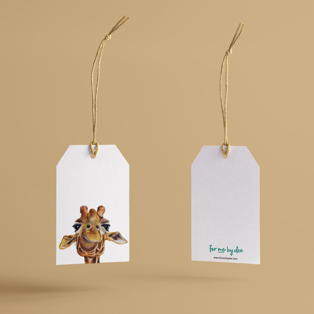 giraffe wild animal gift tag with twine string on mustard background