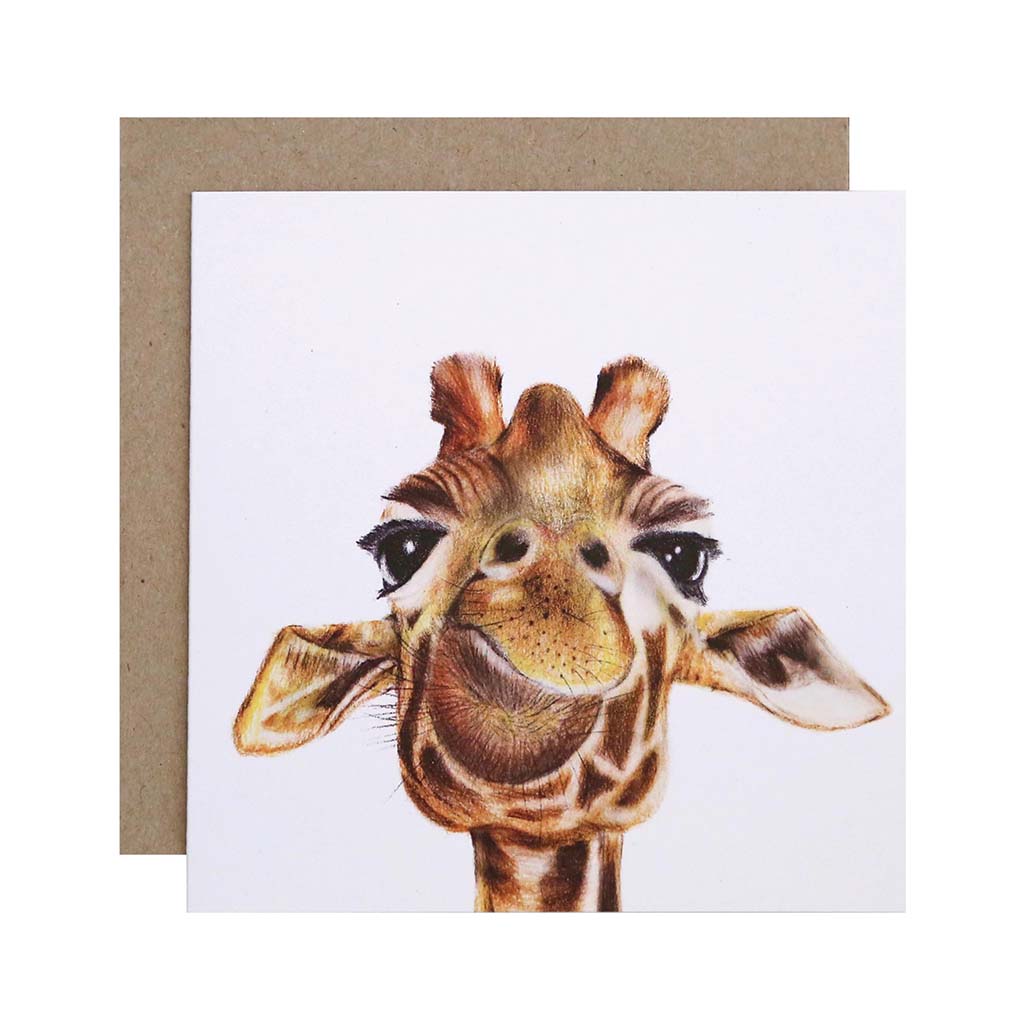 Square white greeting card with giraffe artwork and recycled kraft envelope