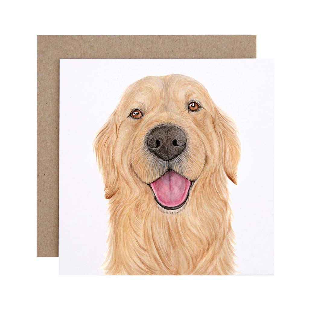 Square white greeting card with golden retriever dog watercolour artwork and recycled kraft envelope