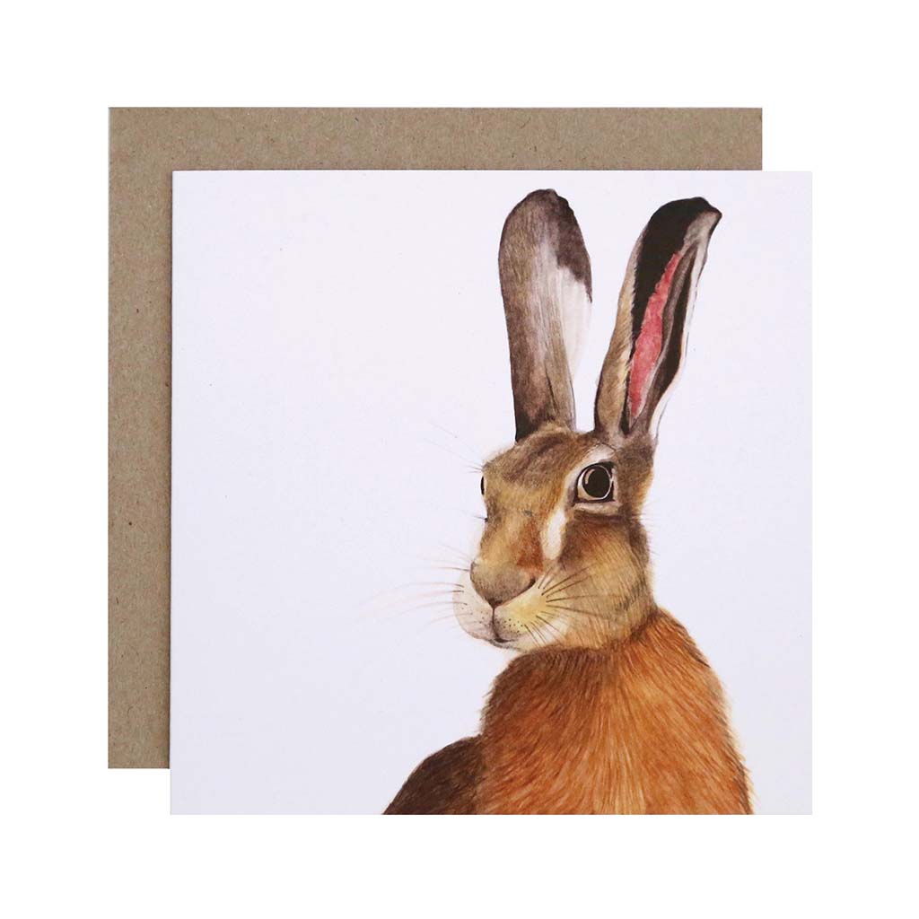 Square white greeting card with hare watercolour artwork and recycled kraft envelope