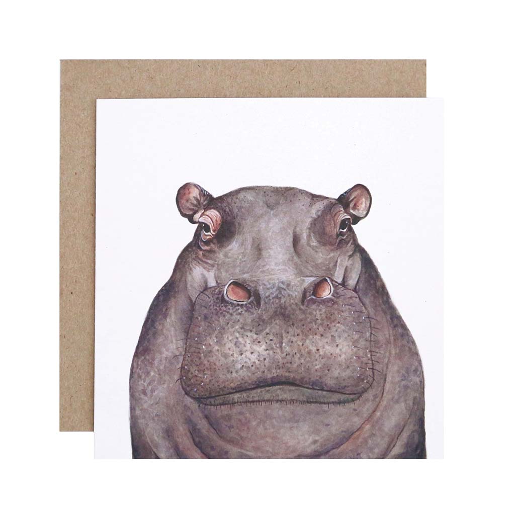 Square white greeting card with hippopotamus watercolour artwork and recycled kraft envelope