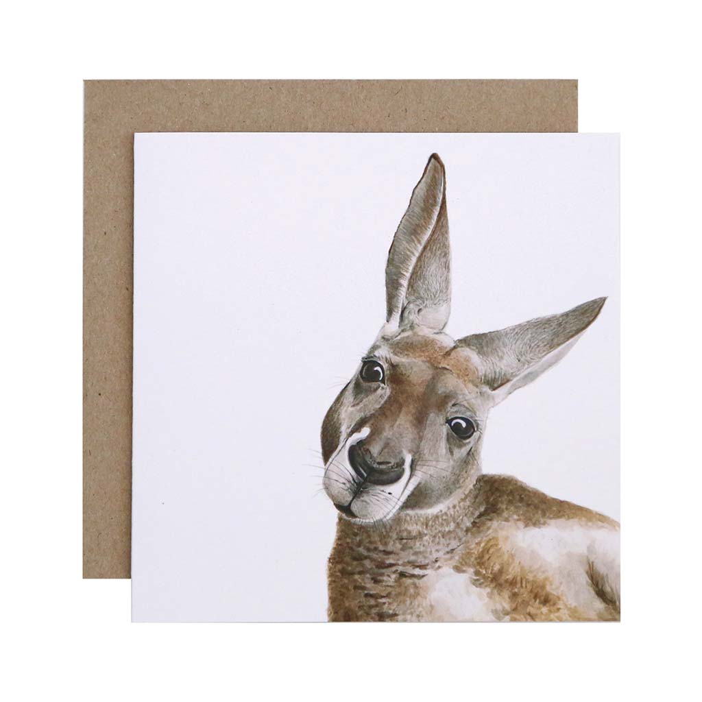 Square white greeting card with kangaroo watercolour illustration and recycled kraft envelope