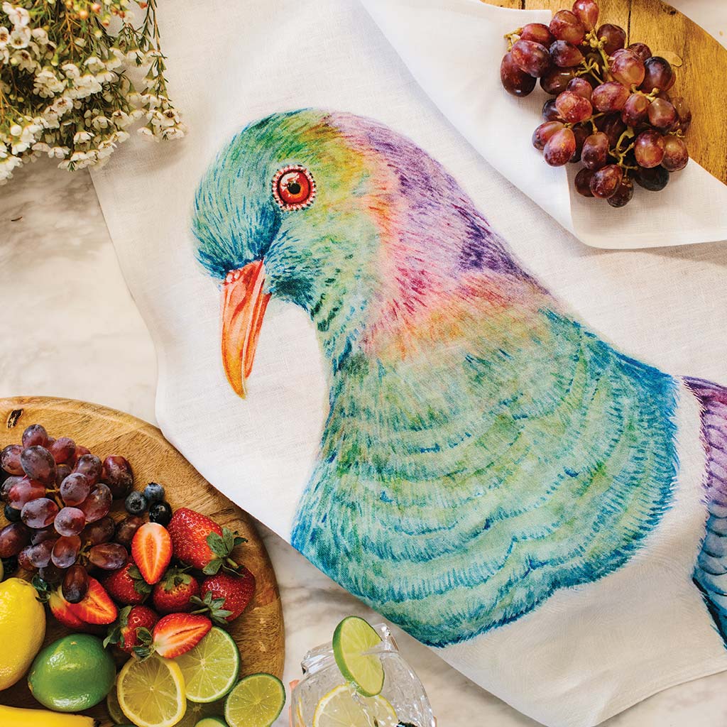 white linen tea towel with kereru new zealand pigeon watercolour artwork