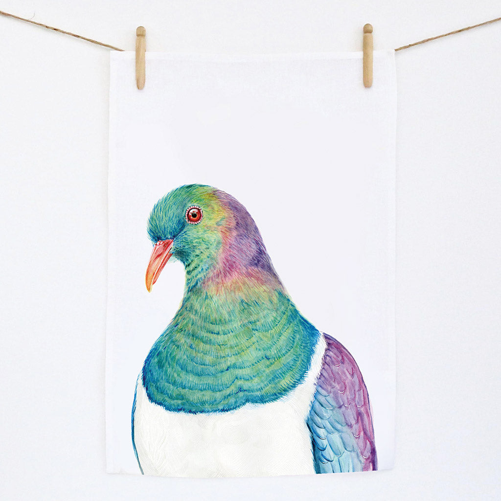 white linen tea towel with kereru new zealand pigeon watercolour artwork