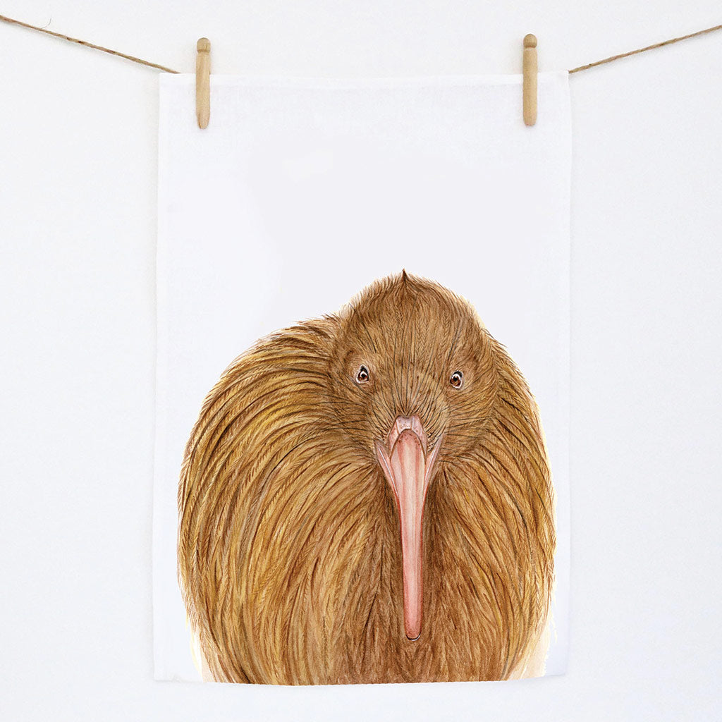 white linen tea towel with new zealand kiwi bird watercolour artwork