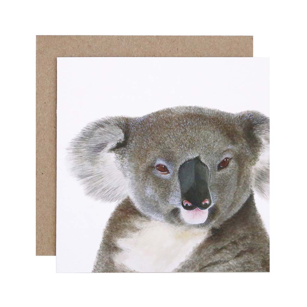 Square white greeting card with koala watercolour illustration and recycled kraft envelope