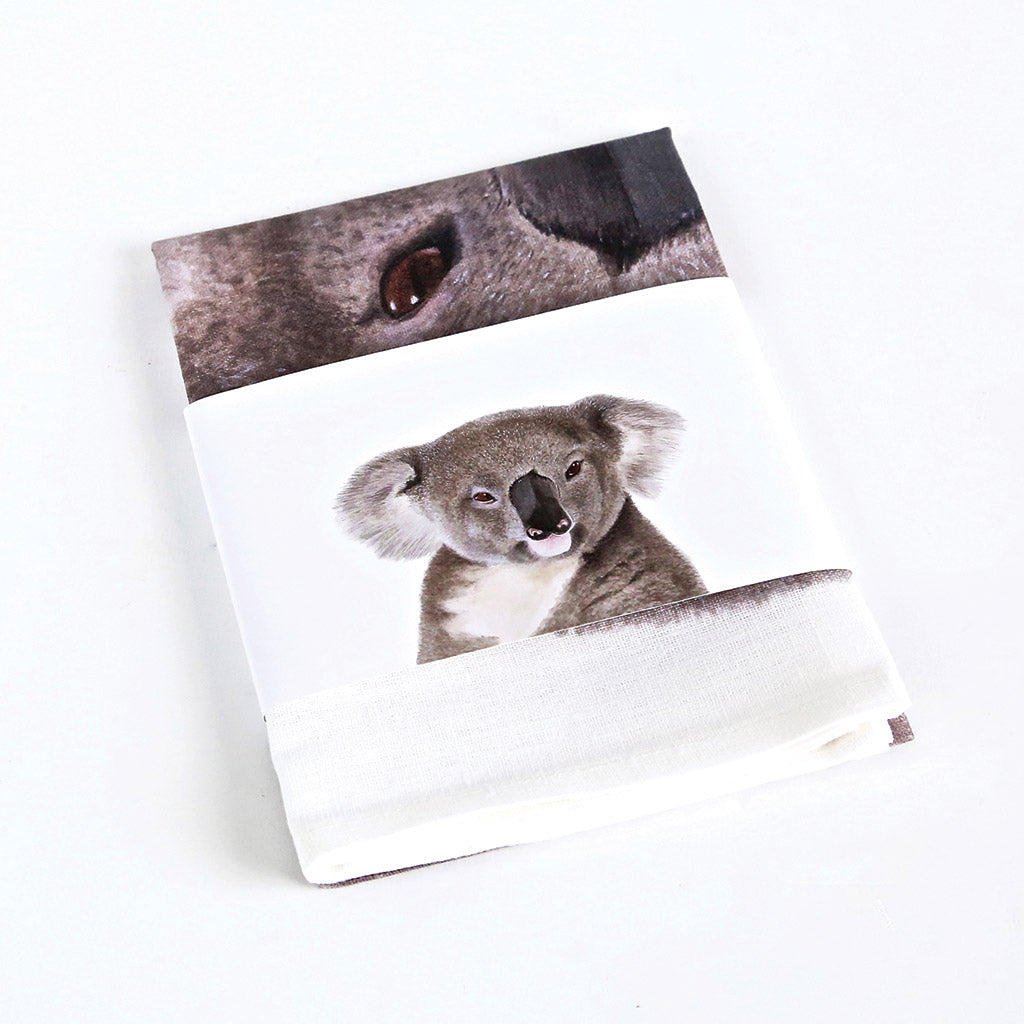 white linen tea towel with koala watercolour artwork