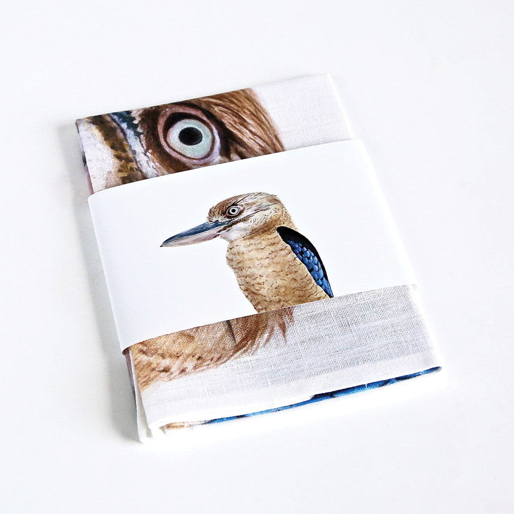 white linen tea towel with kookaburra watercolour artwork