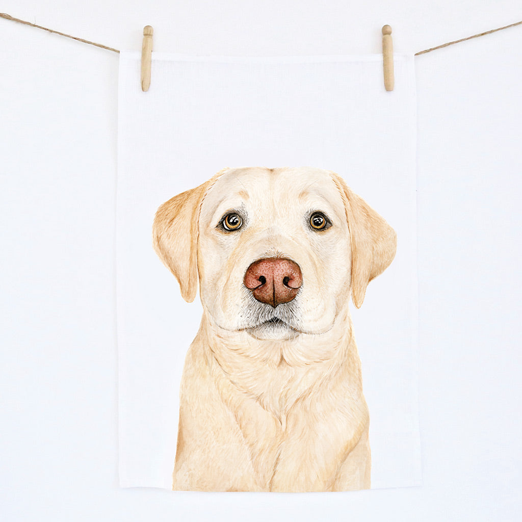 white linen tea towel with labrador retriever dog watercolour artwork
