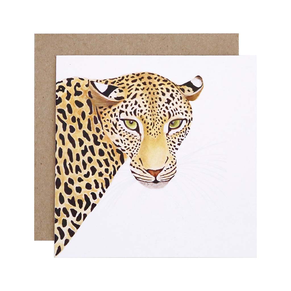 Square white greeting card with leopard watercolour illustration and recycled kraft envelope