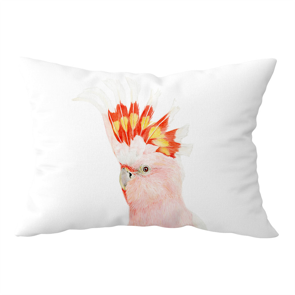 white cotton pillowcase with major mitchells cockatoo watercolour artwork