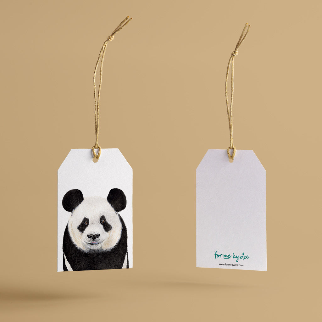 panda wild animal painted on gift tag with twine string on mustard background