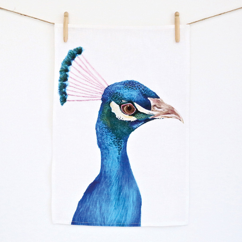 white linen tea towel with peacock watercolour artwork