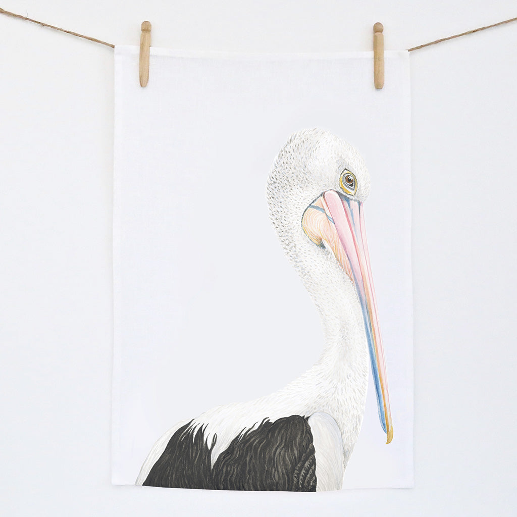 white linen tea towel with pelican watercolour artwork