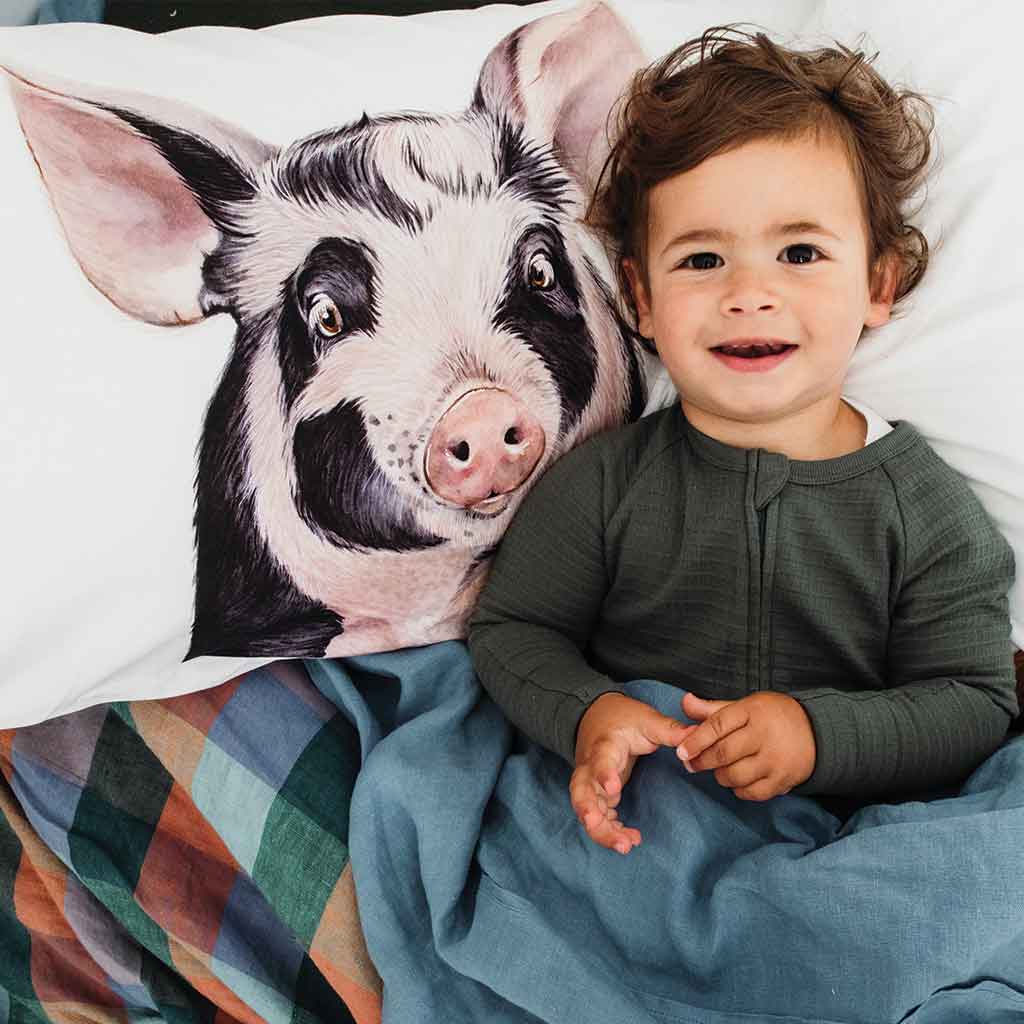 boy in bed with pig artwork cotton pillowcase gingham and blue linen