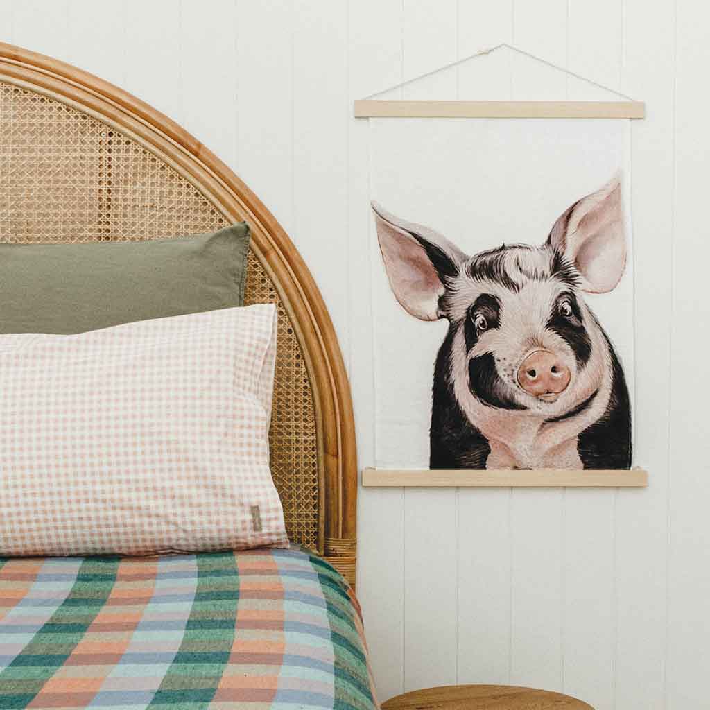 pig watercolour artwork linen tea towel