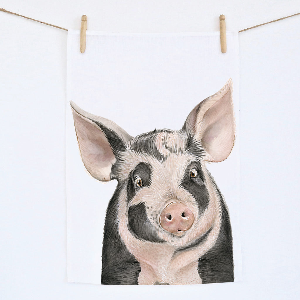pig watercolour artwork linen tea towel