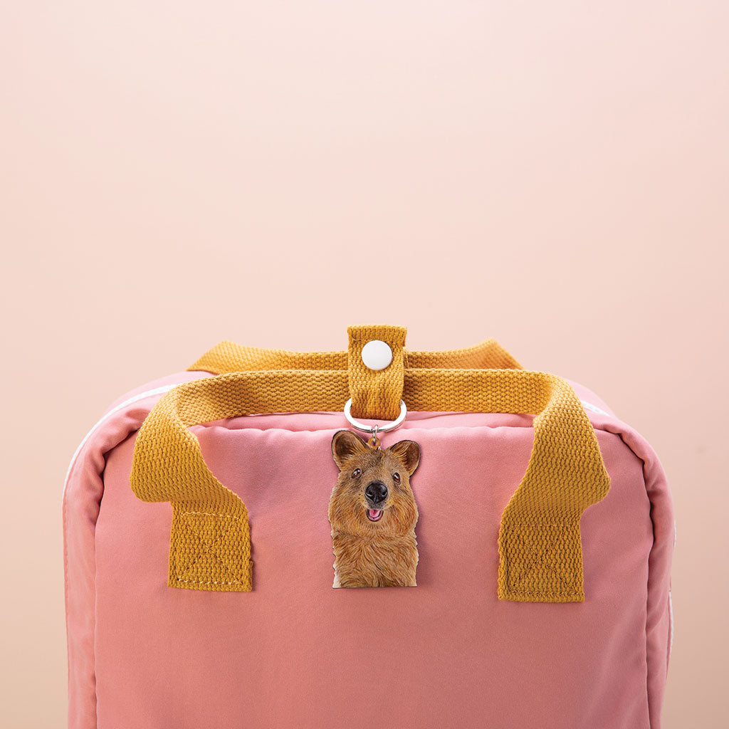 quokka australian animal watercolour artwork enamel keychain on pink bag with mustard handles