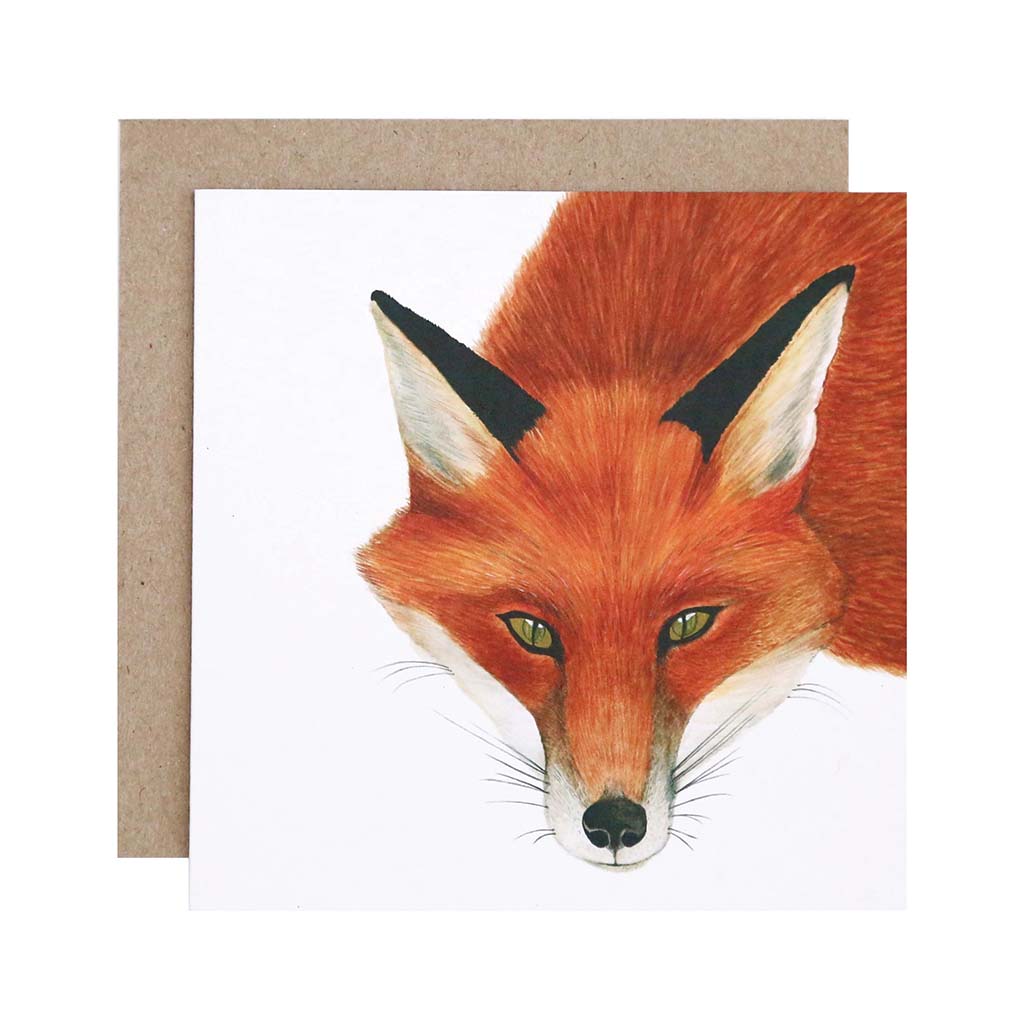 Square white greeting card with red fox watercolour artwork and recycled kraft envelope