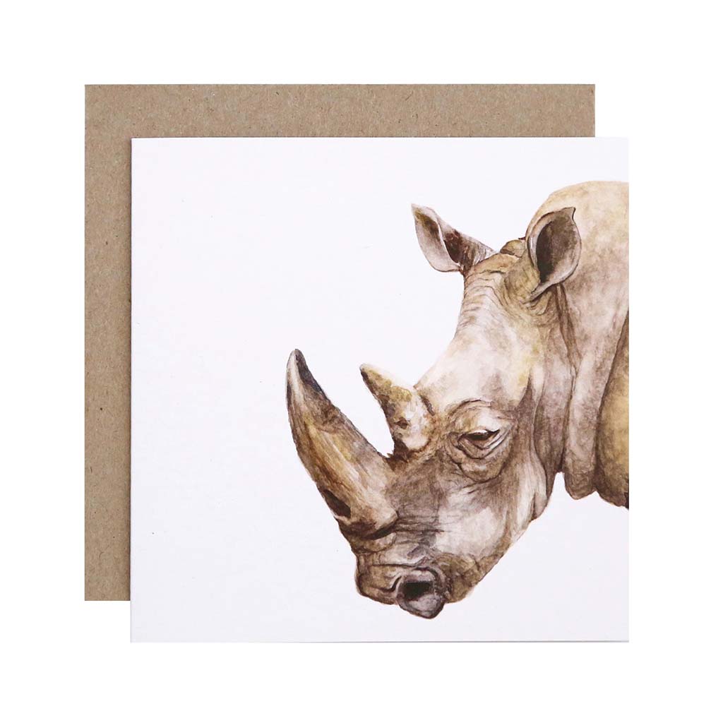 Square white greeting card with rhinoceros watercolour artwork and recycled kraft envelope