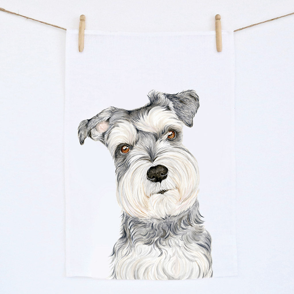 white linen tea towel with salt and pepper schnauzer dog watercolour artwork