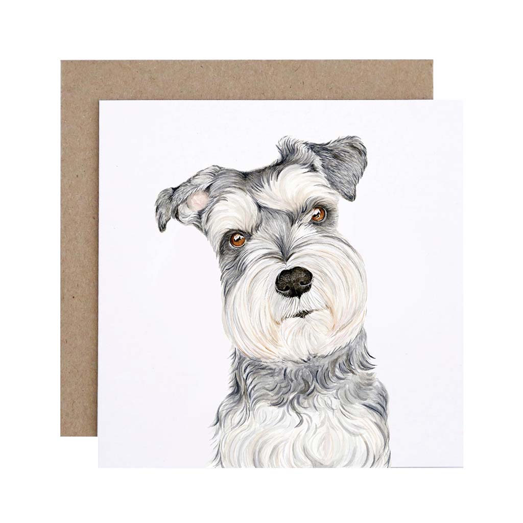 Square white greeting card with salt and pepper schnauzer dog watercolour artwork and recycled kraft envelope