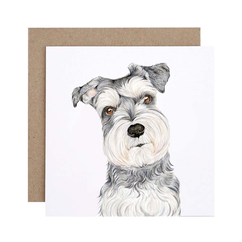 four square white greeting cards with pet dogs schnauzer golden retriever labrador british short hair cat watercolour artwork and recycled kraft envelope